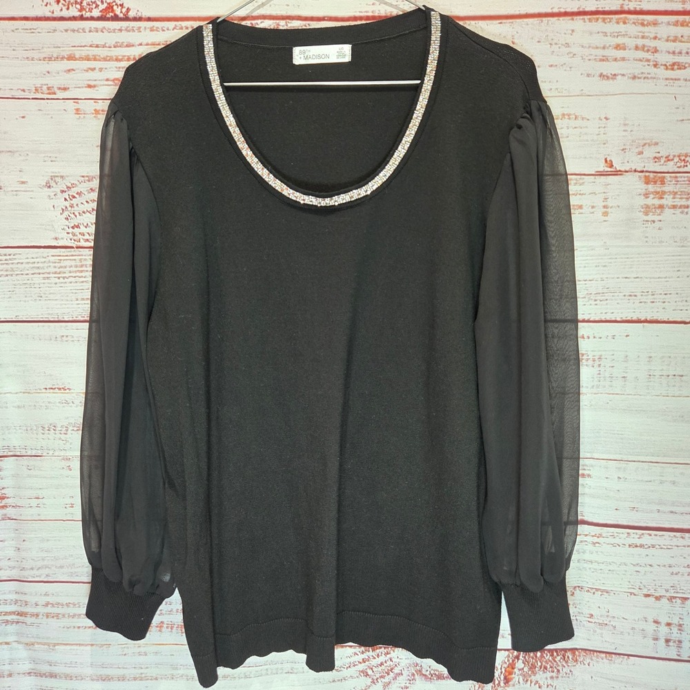 89th + Madison Womens Black Knit Top Sheer Long‎ Sleeve Rhinestone Neck Large